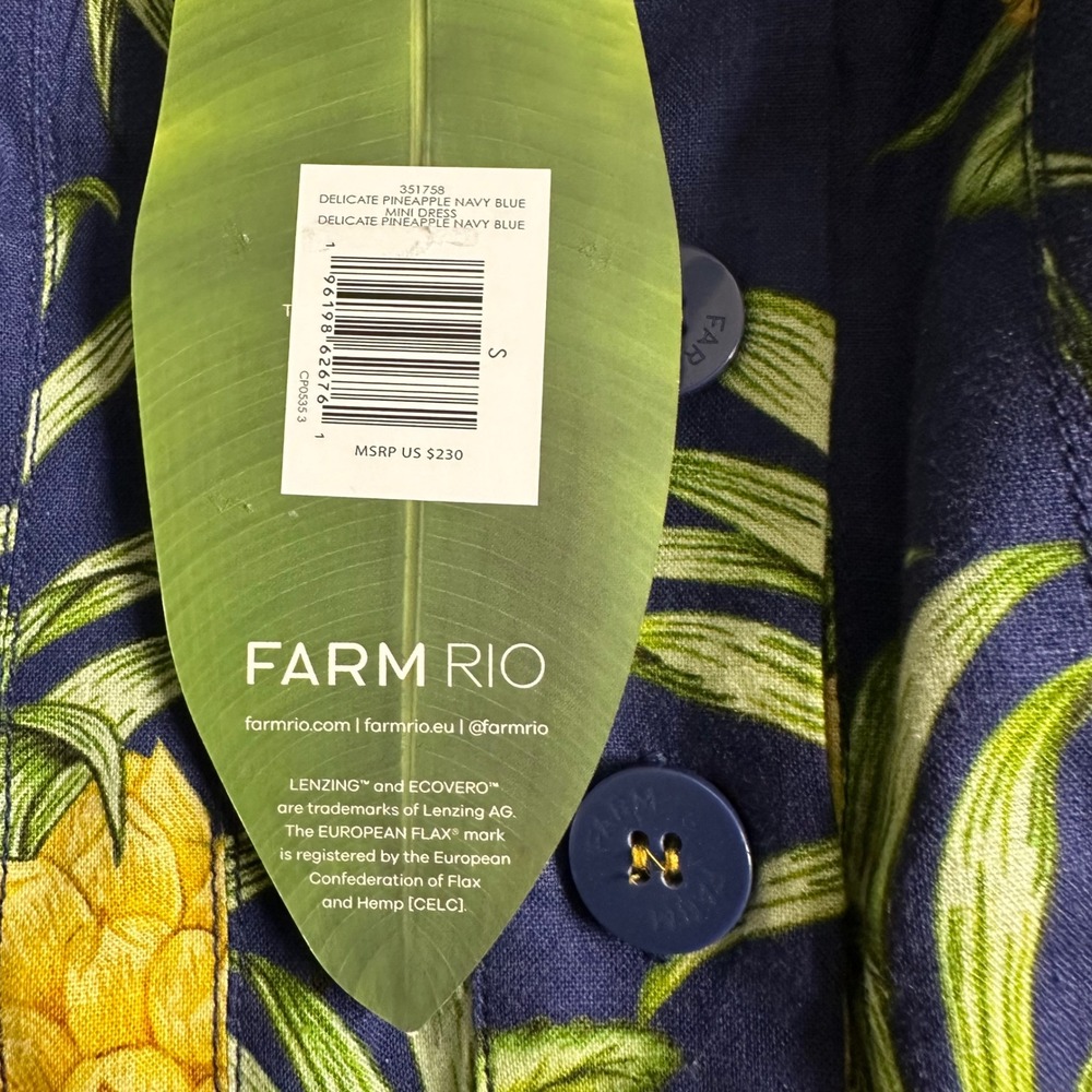 NWT Farm Rio Navy Blue Pineapple Print Puff Sleeve Mini Pleated Dress Sz S Linen - Picture 9 of 9